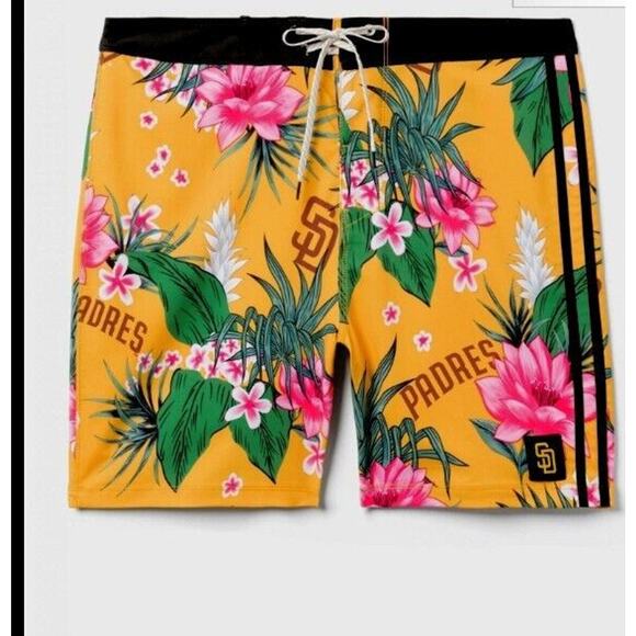 Hurley MLB Swim Trunks SAN DIEGO PADRES Mens Sz 36 Yellow Board Shorts Tropical - Picture 1 of 16